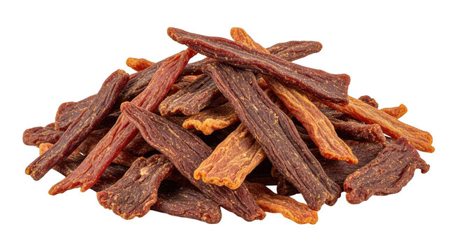 A pile of delicious beef jerky strips isolated on transparent background