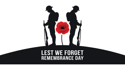 Obraz premium Remembrance day with two soldier silhouettes facing each other with a red poppy flower between them on white background