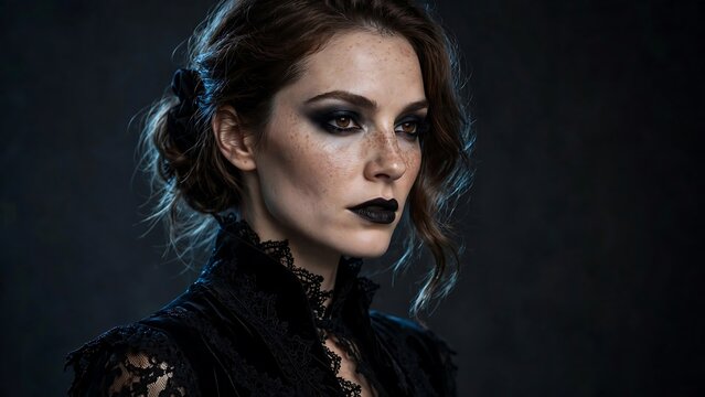 Portrait of a woman with freckles wearing dark gothic makeup and a black lace velvet dress