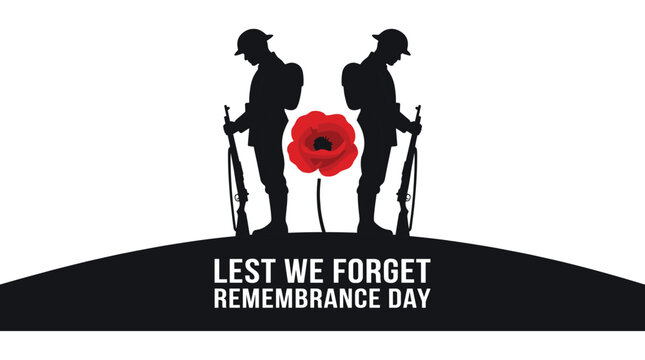 Remembrance day with two soldier silhouettes facing each other with a red poppy flower between them on white background