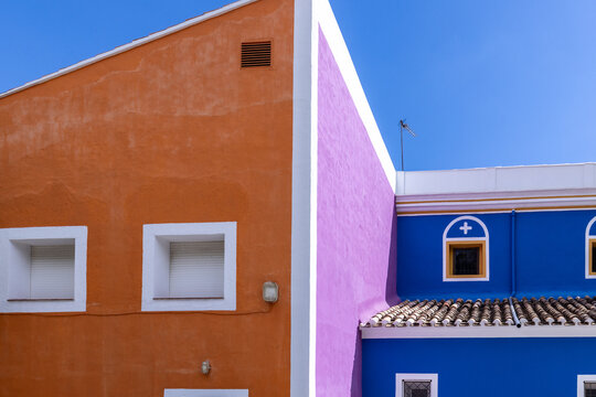 Architectural details of the colourful historic buildings in the spa town of Fortuna, Los Ba&ntilde;os de Fortuna, Region of Murcia (Spain)