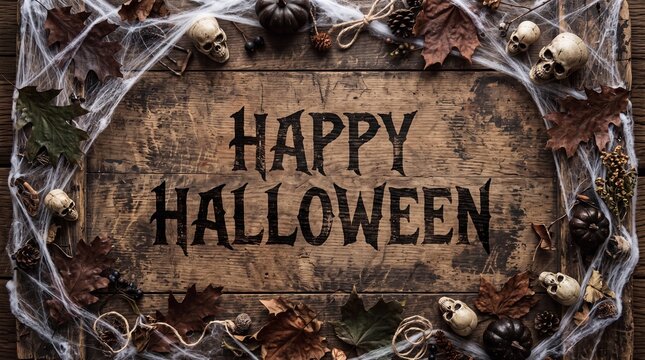 Halloween greeting sign framed by dark wooden planks covered in artificial cobwebs and plastic skulls.