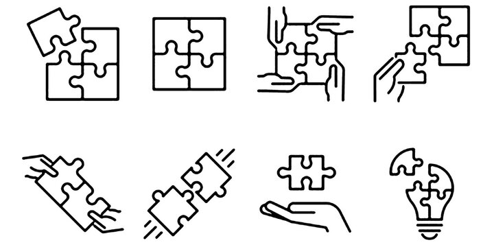 Puzzle and teamwork icon set. Thin line editable stroke icons for solution finding, collaboration, integration, ideas, innovation, strategy, and shared goals.