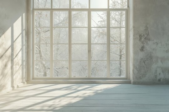 Room during winter windowsill french window.