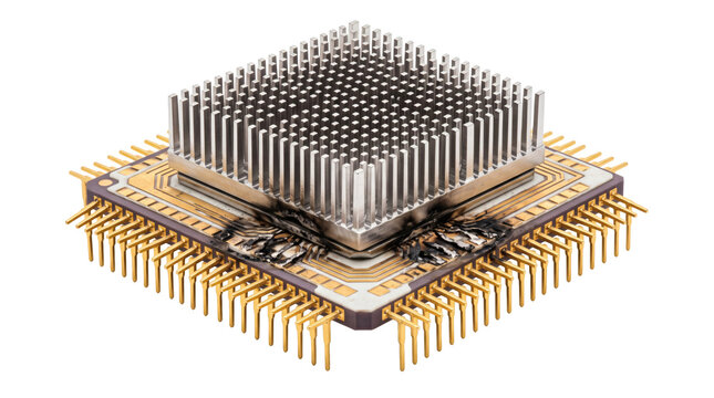 High performance CPU microprocessor computer chip mounted with dense aluminum heatsink cooling fins. Advanced semiconductor hardware component isolated on white background setting scene.