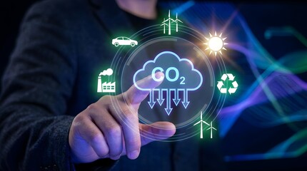 Obraz premium Digital CO2 Carbon Reduction Interface Representing Climate Technology, Emissions Control and Net Zero Goals