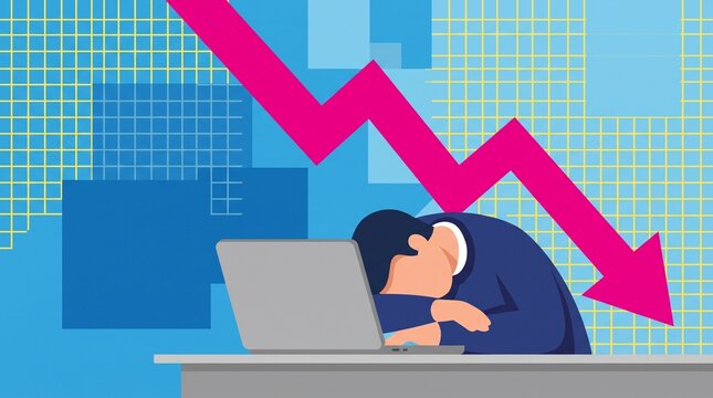 Depressed businessman sleeping at laptop with falling financial chart