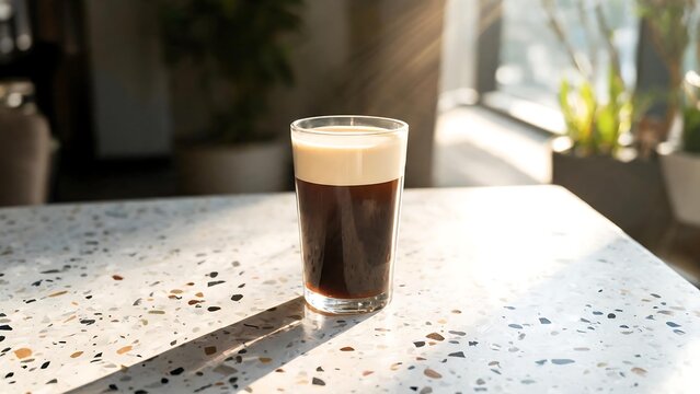 Glass of fresh nitro cold brew coffee with creamy foam on a modern terrazzo table in a sunlit cafe