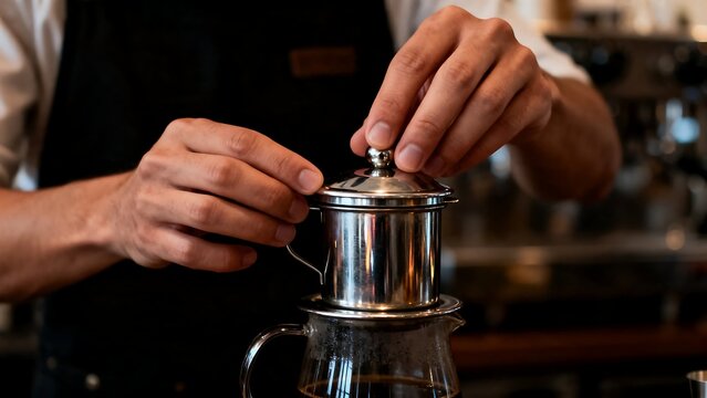 Barista preparing traditional Vietnamese drip coffee using metal phin filter in a cafe