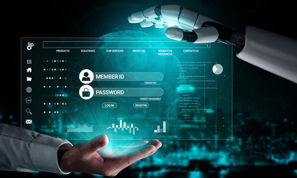 Futuristic Interaction Between Human Hand and Robot Arm with Digital User Interface Display for Technology and Innovation Concept Haptic.
