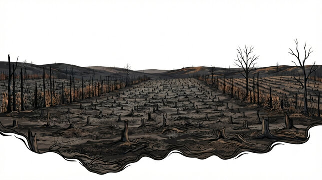 Deforestation landscape with chopped tree stumps and barren hills illustration