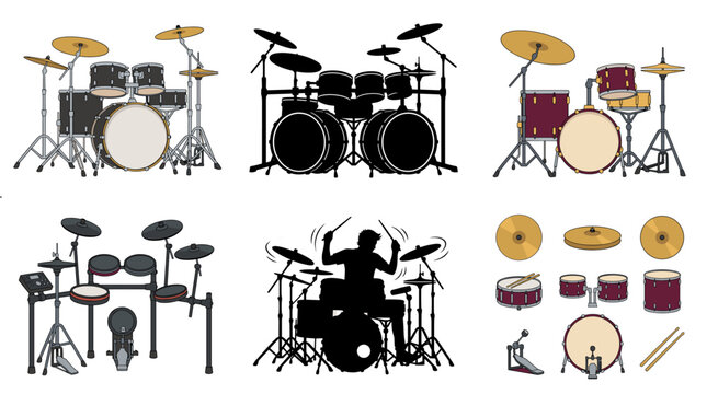 Professional vector collection featuring different styles of drum kits, including acoustic drum sets, rock drum kits, jazz drum kits, compact drum kits, cymbals, bass drums, snare drums, toms