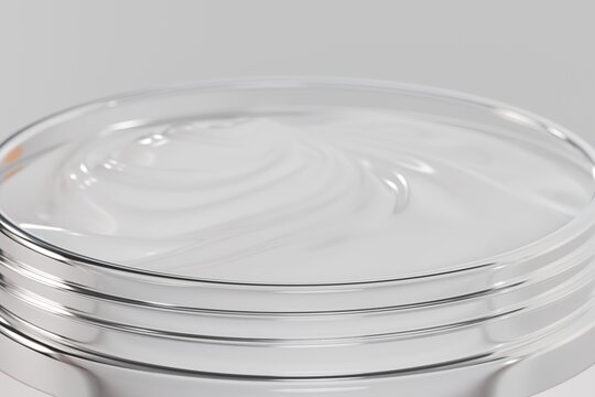 3d cosmetics jar container tub with swirled cream inside, white background