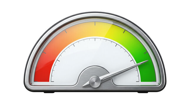 Modern circular analog dashboard gauge dial with smooth color gradient scale from yellow to green. High precision measurement indicator instrument isolated on white background display setting.