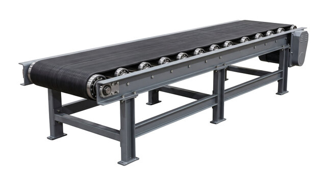 Industrial heavy duty metal motorized roller conveyor belt table framework with steel support legs. Logistics factory assembly line transfer machine isolated on white background setting.