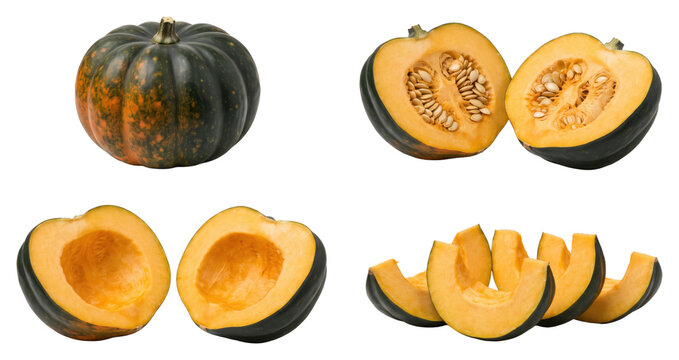Winter squash whole halved and sliced on transparent background