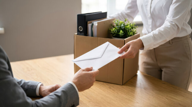 Person in white blouse handing a white envelope to another person beside a cardboard box with potted plant in an office, resignation letter, job termination, layoff and career change concept