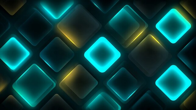 Abstract glowing turquoise and yellow square tiles pattern on dark background, creating a modern digital mosaic for futuristic designs
