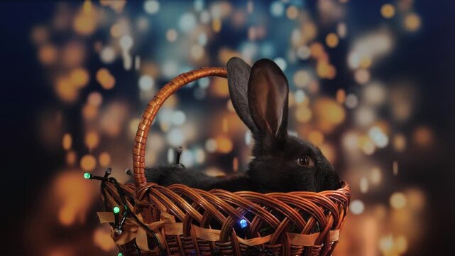 Curious black rabbit in wicker basket under festive string lights with warm city bokeh and cozy holiday glow