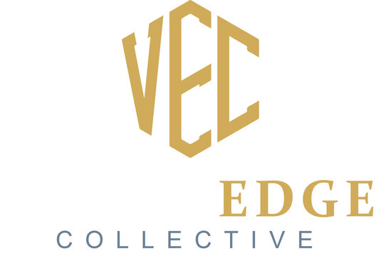 Gold vec monogram featuring interlocking hexagonal letters above vision edge collective text on a deep navy blue background, for branding