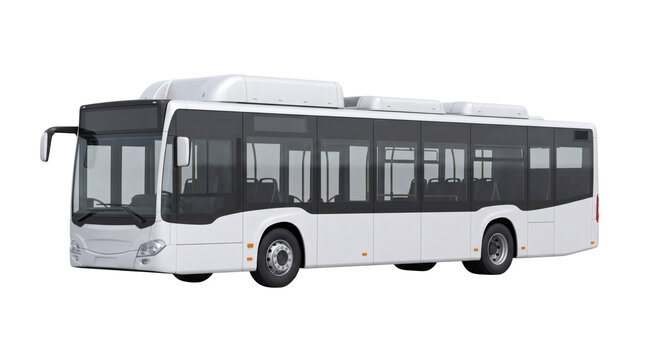 Modern streamlined white public municipal transit city bus vehicle with large tinted panoramic windows. Clean urban public transportation coach isolated on pure white background display.