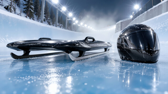 Professional Skeleton Sled and Aerodynamic Helmet Resting on an Illuminated Olympic Ice Track at Night