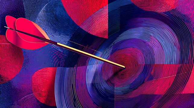 3D dart hitting target bullseye, neon glowing abstract background for business strategy, goal achievement and modern corporate design