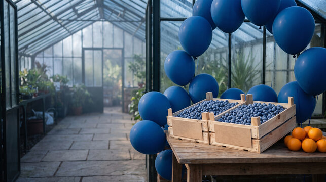 Blue Balloons Border a Sunlit Greenhouse Blueberry Display