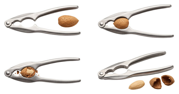Metal nutcracker pliers cracking almonds on transparent background