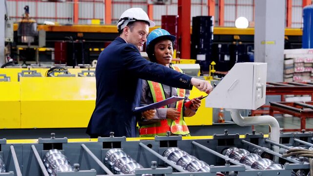 Industrial concept metal sheet factory engineer within an industrial plant engaging professional collaboration inspecting machinery ensuring high