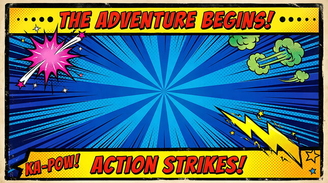 Vintage comic book style graphic frame with action elements pop art background