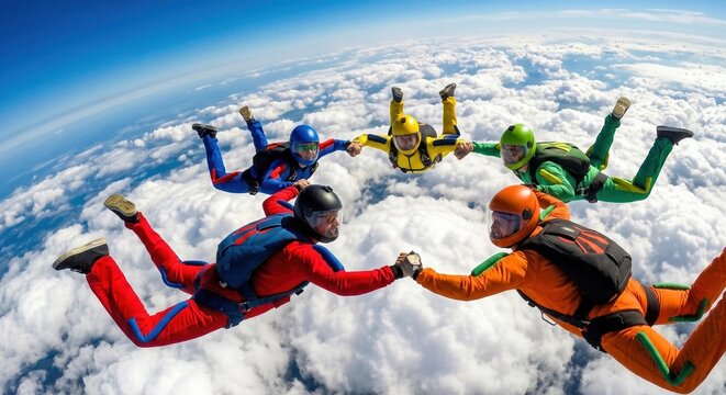 Group of Skydivers Holding Hands in Freefall Above Clouds