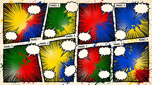 Colorful comic book page template with speech bubbles and panel labels