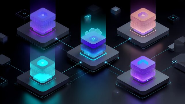 Isometric 3D glowing server racks and database blocks connected in digital network grid for big data and technology overlay