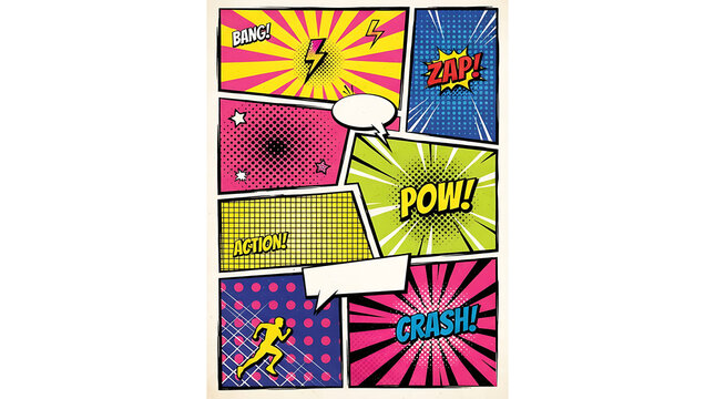 Colorful comic book page template with various action panels and sound effects