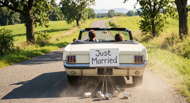 Just Married Couple Driving Away in Vintage Convertible