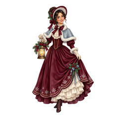 Fototapeta premium A vintage illustration depicts a woman dressed in a festive, historical winter gown, holding a lit lantern adorned with holly and pine. She wears a matching bonnet and cloak trimmed with white fur.
