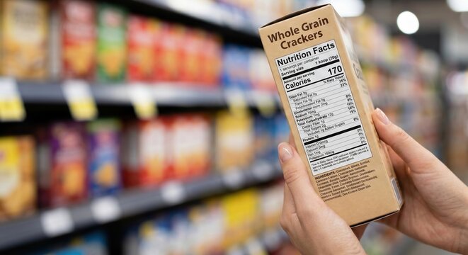 Hands Holding Cracker Box and Reading Nutrition Facts Label