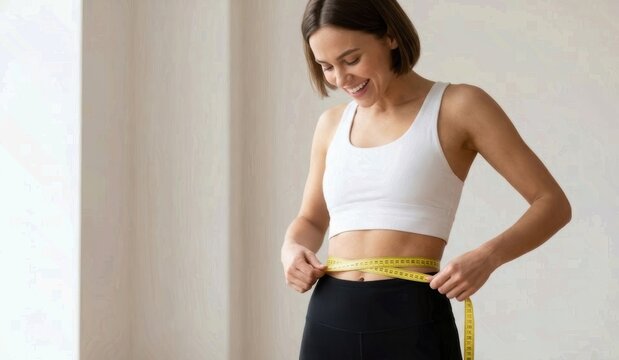 Smiling Fit Woman Measuring Waist with Yellow Tape