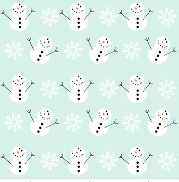 Seamless winter pattern with cheerful smiling snowmen and white snowflakes on light mint cyan background