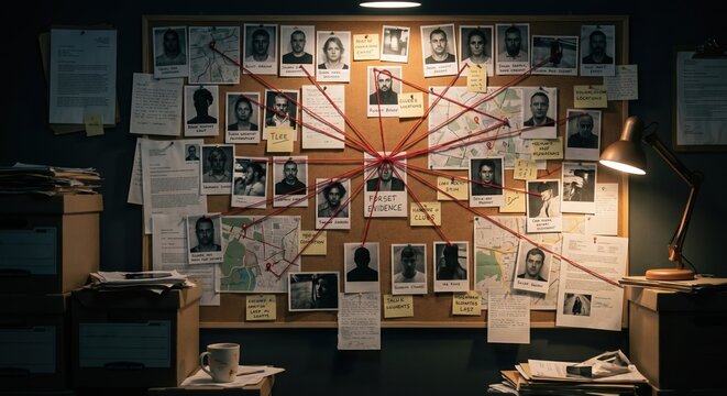 Detective Investigation Board with Photos and Red Strings in Dark Room