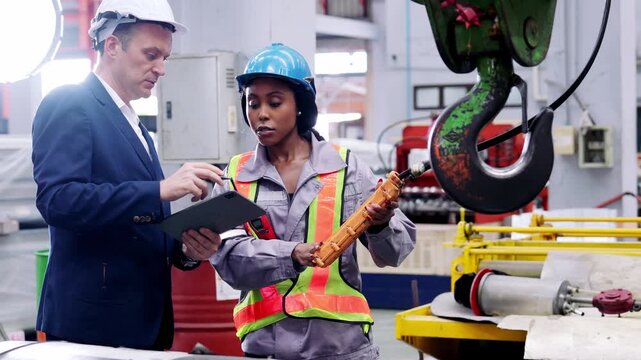 Professional industrial metal sheet factory engineer in an plant manager operator focused on heavy equipment production quality collaboration