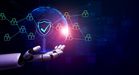 Obraz premium Digital Security Concept Featuring Robotic Hand and Global Network with Lock Symbols in Futuristic Blue Theme Haptic.