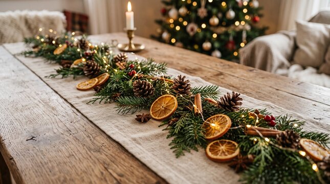 Rustic Christmas Table Runner with Pinecones Oranges Cinnamon and Twinkling Lights