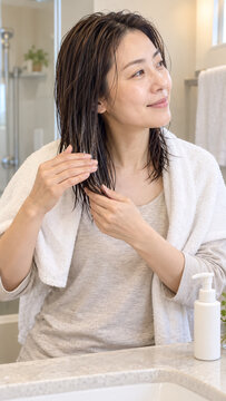 入浴後のヘアトリートメントを楽しむ女性、リラックスした日常