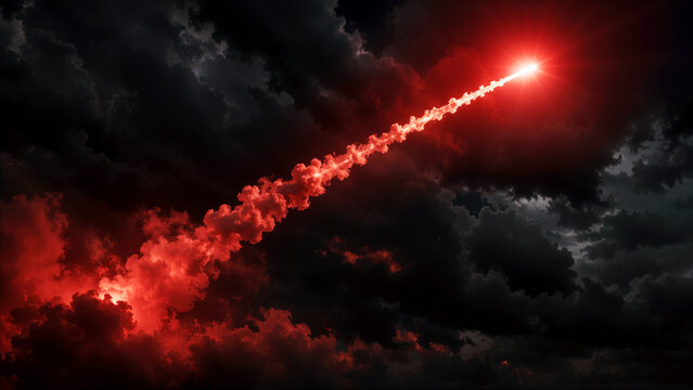 Bright Red Glowing Rocket Missile Launching into Dark Stormy Sky with Dramatic Smoke Trail Plume