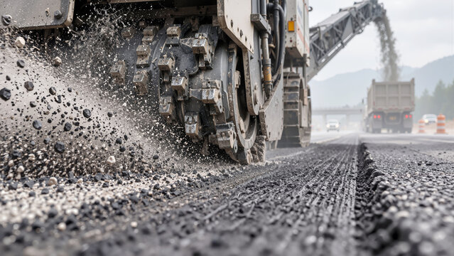 Cold Planer Road Milling Machine Removing Old Damaged Asphalt Pavement Surface on Highway Construction Site for Resurfacing Maintenance