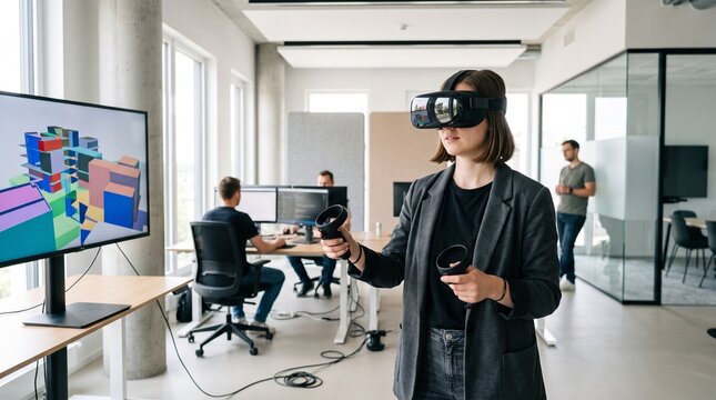 Young female architect or developer wearing a virtual reality headset and holding controllers to manipulate 3D building models in a modern tech workspace