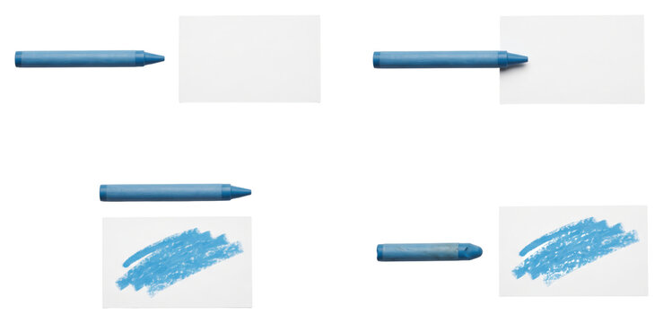 Blue crayons and scribbled marks collection on transparent background