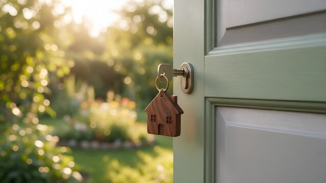 Wooden house shaped keychain hanging on metallic door key inserted into lock with blurred lush garden background during golden hour sunshine in soft focus lighting